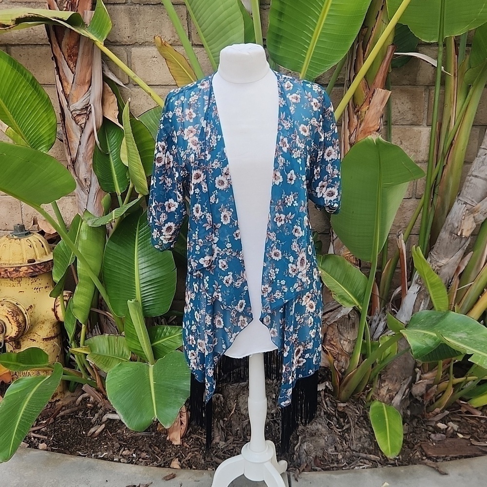 LuLaRoe Monroe Draped Kimono Cardigan Turquoise Blue Floral Fringe Size Small